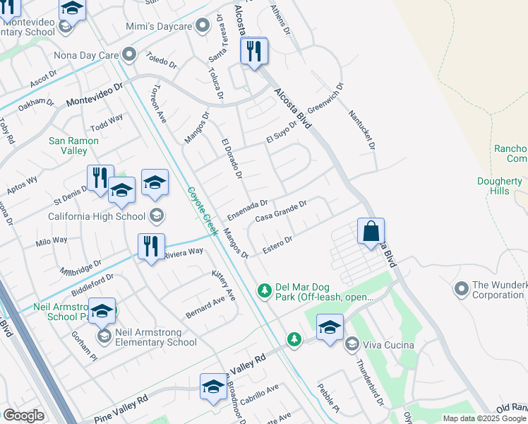 map of restaurants, bars, coffee shops, grocery stores, and more near 3242 Ensenada Drive in San Ramon