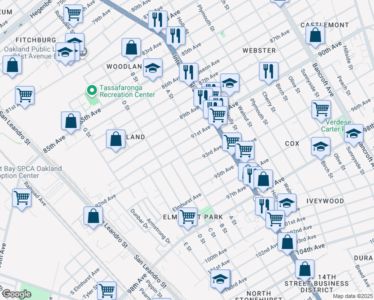 map of restaurants, bars, coffee shops, grocery stores, and more near 1229 92nd Avenue in Oakland