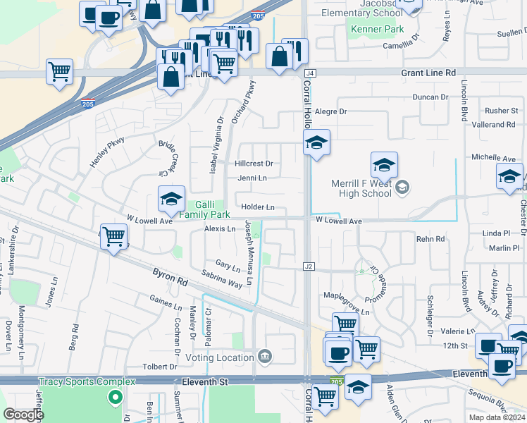 map of restaurants, bars, coffee shops, grocery stores, and more near 2130 Holder Lane in Tracy