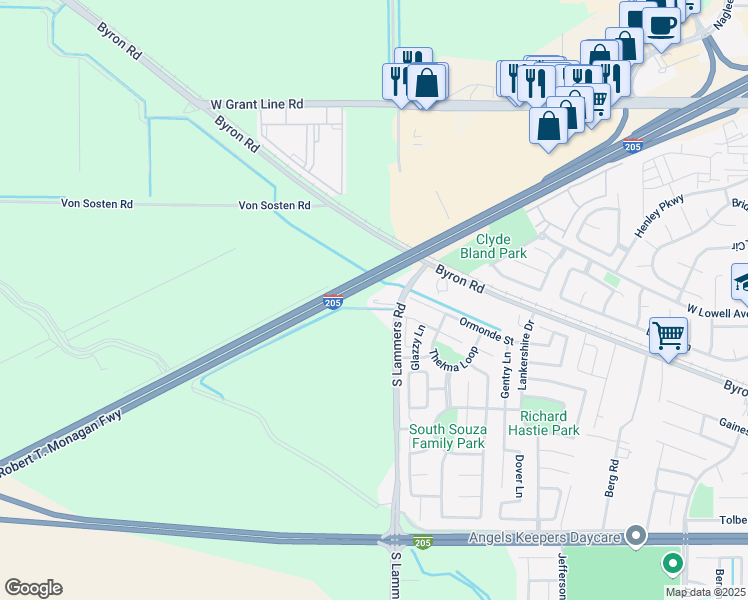 map of restaurants, bars, coffee shops, grocery stores, and more near 23199 South Lammers Road in Tracy