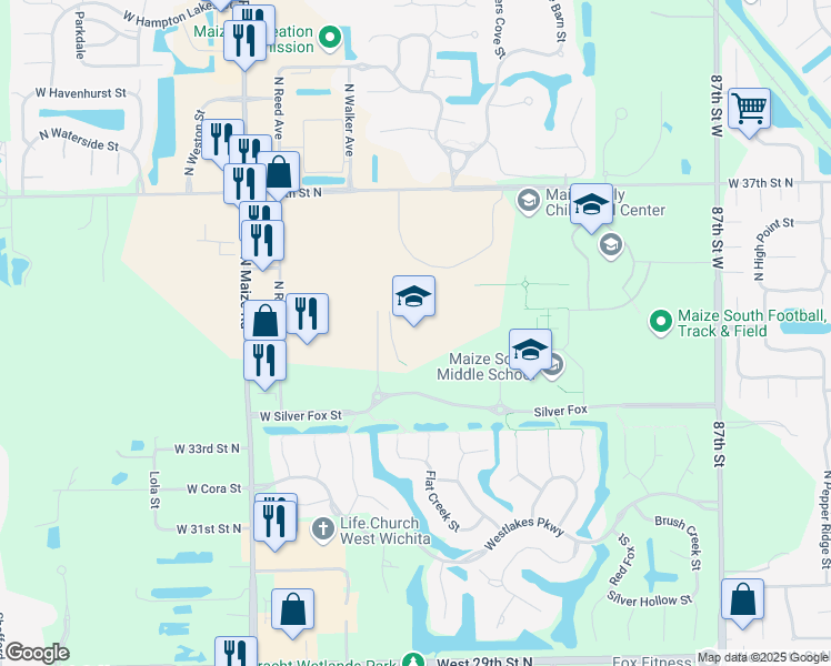 map of restaurants, bars, coffee shops, grocery stores, and more near 3404 North Maize Road in Wichita