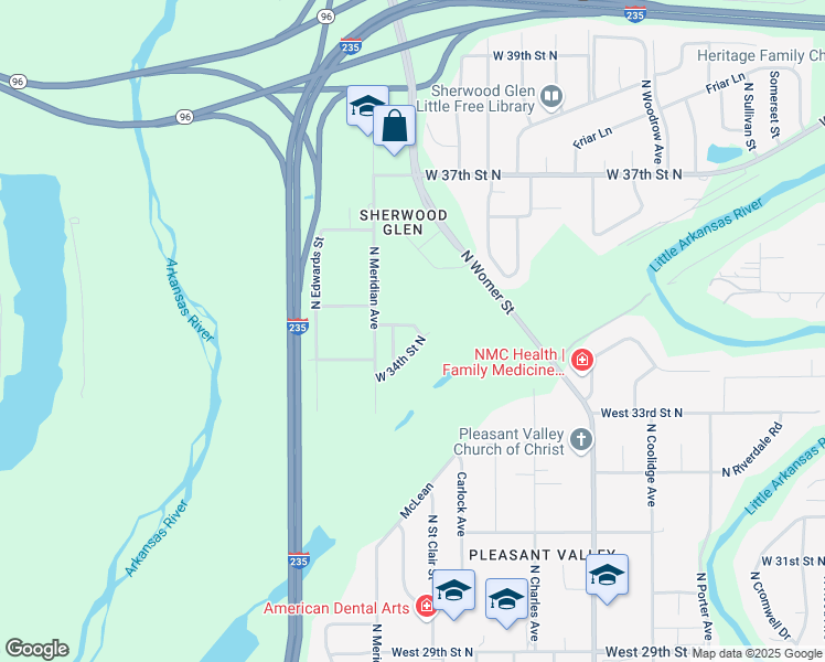 map of restaurants, bars, coffee shops, grocery stores, and more near 2302 West Manlo Street in Wichita