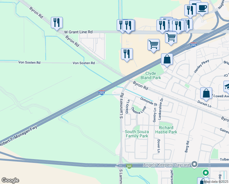 map of restaurants, bars, coffee shops, grocery stores, and more near 23199 South Lammers Road in Tracy
