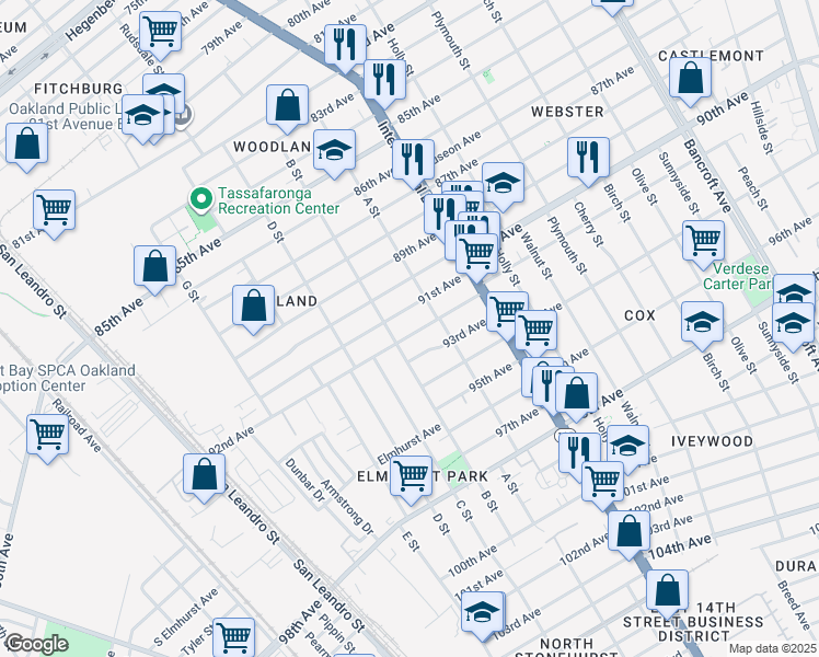 map of restaurants, bars, coffee shops, grocery stores, and more near 1229 92nd Avenue in Oakland