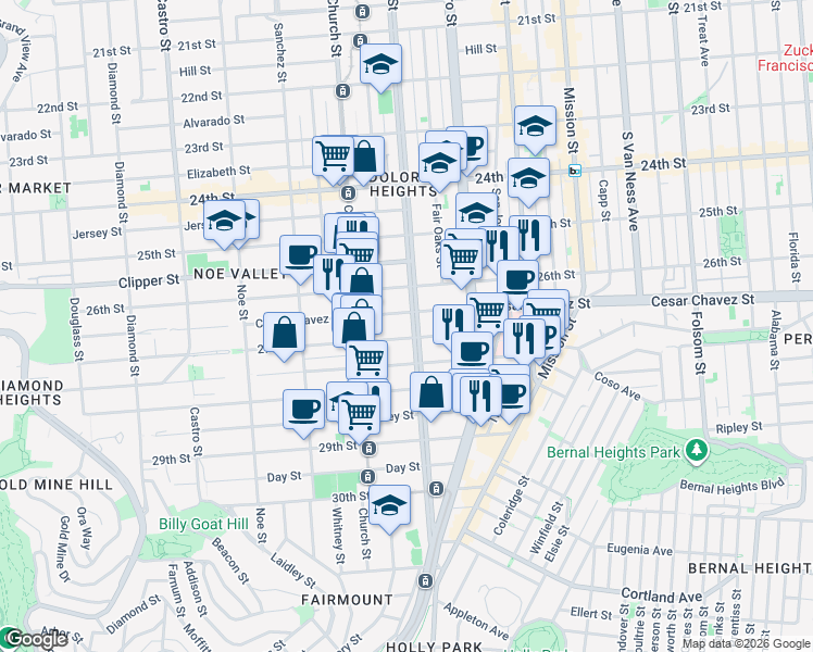 map of restaurants, bars, coffee shops, grocery stores, and more near 3821 Cesar Chavez in San Francisco