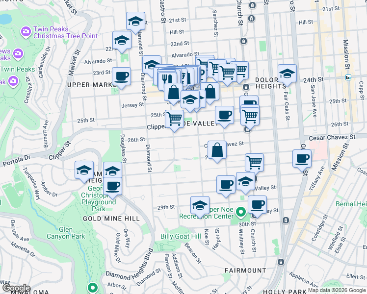map of restaurants, bars, coffee shops, grocery stores, and more near 4180 Cesar Chavez Street in San Francisco