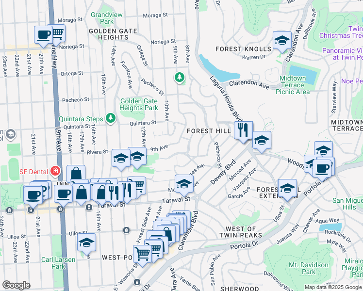map of restaurants, bars, coffee shops, grocery stores, and more near 64 Santa Rita Avenue in San Francisco