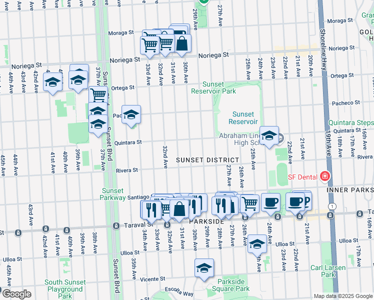 map of restaurants, bars, coffee shops, grocery stores, and more near 2130 31st Avenue in San Francisco