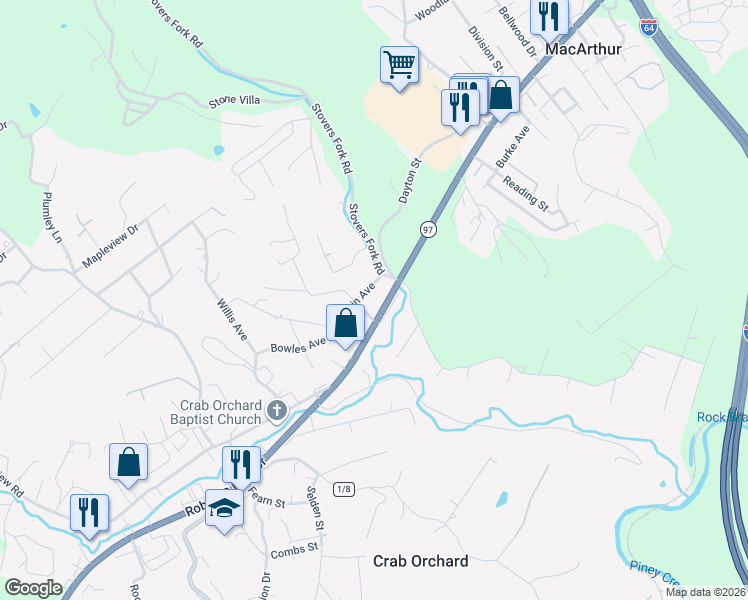 map of restaurants, bars, coffee shops, grocery stores, and more near 1681 Robert C Byrd Drive in Beckley