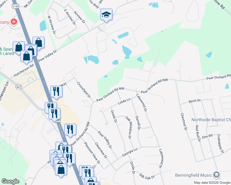 map of restaurants, bars, coffee shops, grocery stores, and more near 319 Pear Orchard Road Northwest in Elizabethtown