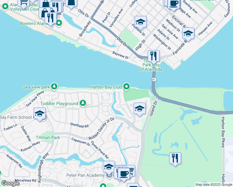 map of restaurants, bars, coffee shops, grocery stores, and more near 25 Palm Beach Lane in Alameda