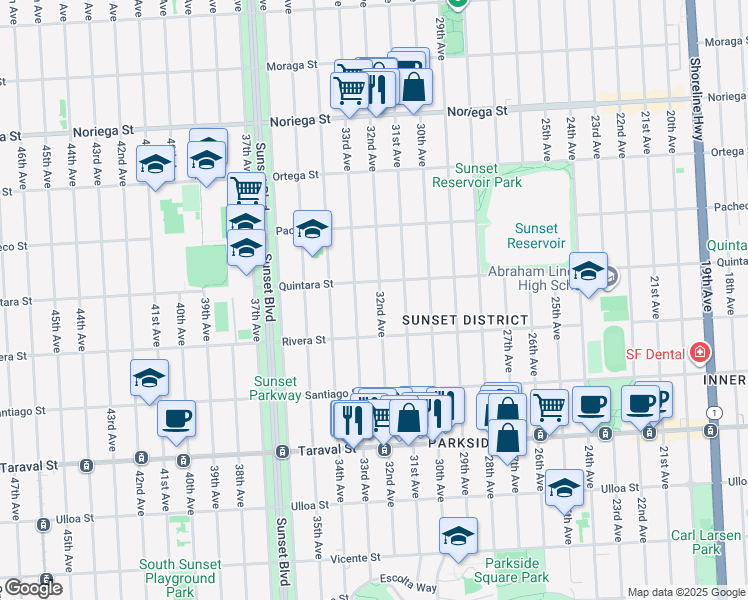 map of restaurants, bars, coffee shops, grocery stores, and more near 2129 32nd Avenue in San Francisco