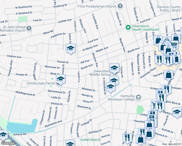 map of restaurants, bars, coffee shops, grocery stores, and more near 1701 Pawnee Place in Owensboro