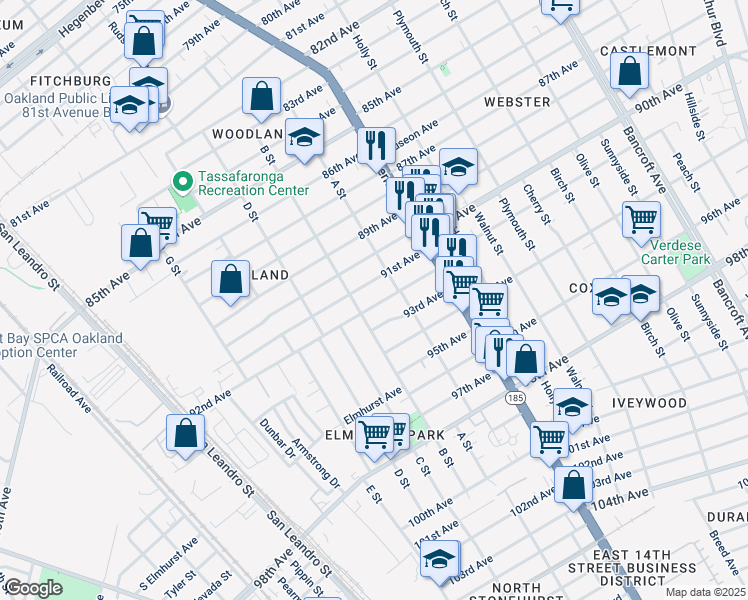 map of restaurants, bars, coffee shops, grocery stores, and more near 1229 92nd Avenue in Oakland
