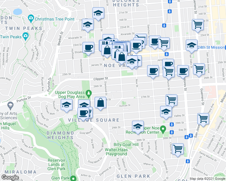 map of restaurants, bars, coffee shops, grocery stores, and more near 4248 Cesar Chavez Street in San Francisco