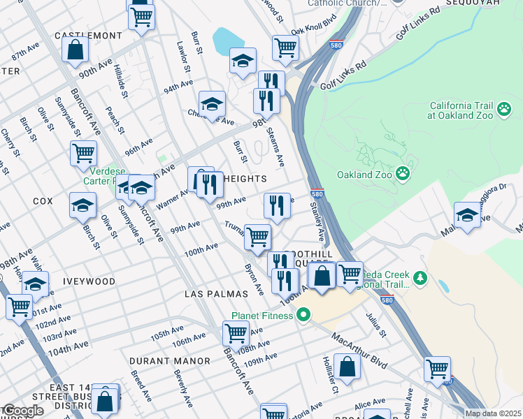 map of restaurants, bars, coffee shops, grocery stores, and more near 9935 Burr Street in Oakland