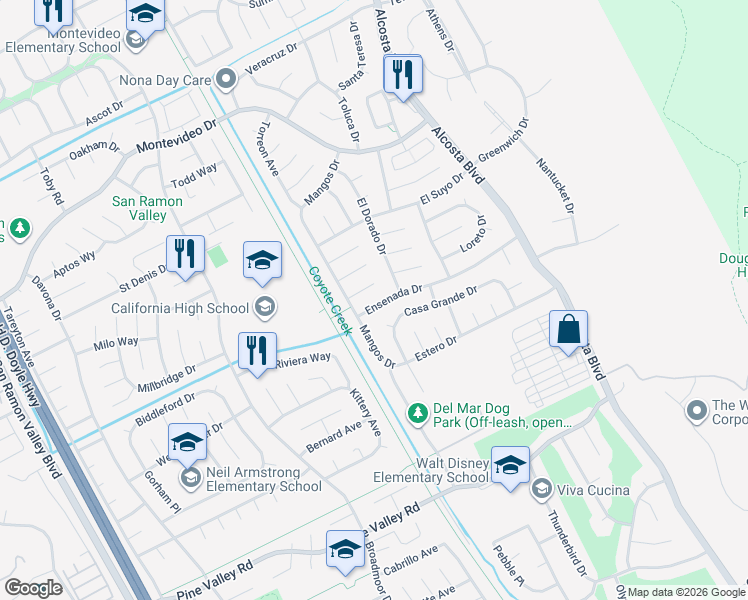 map of restaurants, bars, coffee shops, grocery stores, and more near 3221 Ensenada Drive in San Ramon