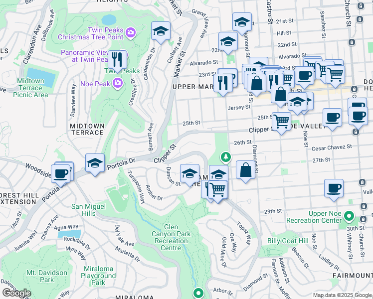 map of restaurants, bars, coffee shops, grocery stores, and more near 10 Carnelian Way in San Francisco