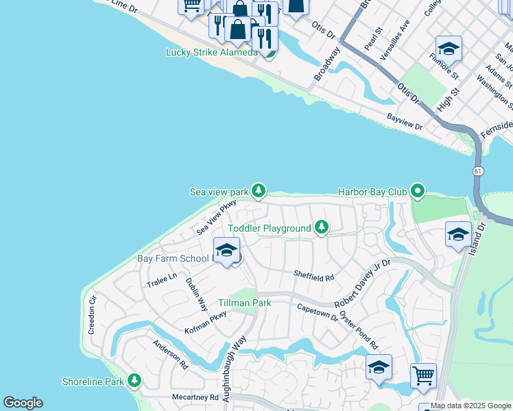map of restaurants, bars, coffee shops, grocery stores, and more near 2766 Sea View Parkway in Alameda