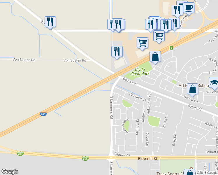 map of restaurants, bars, coffee shops, grocery stores, and more near 23199 South Lammers Road in Tracy