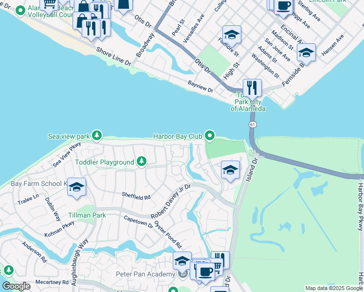 map of restaurants, bars, coffee shops, grocery stores, and more near 70 Bay Park Terrace in Alameda