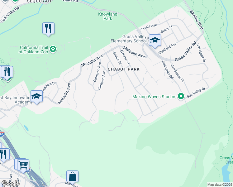 map of restaurants, bars, coffee shops, grocery stores, and more near 11201 Lochard Street in Oakland