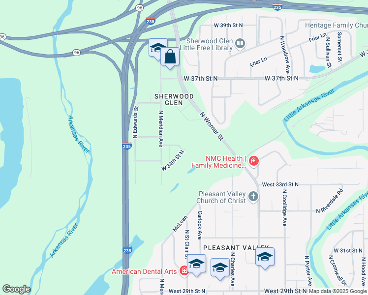map of restaurants, bars, coffee shops, grocery stores, and more near 2302 West Manlo Street in Wichita