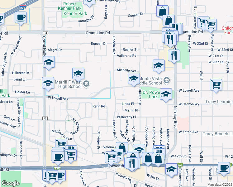 map of restaurants, bars, coffee shops, grocery stores, and more near 1676 Lincoln Boulevard in Tracy