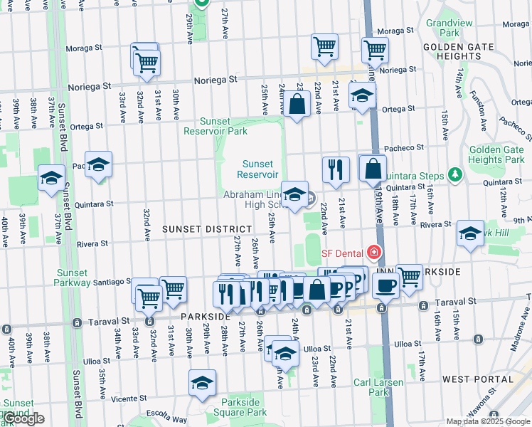 map of restaurants, bars, coffee shops, grocery stores, and more near 2147 25th Avenue in San Francisco