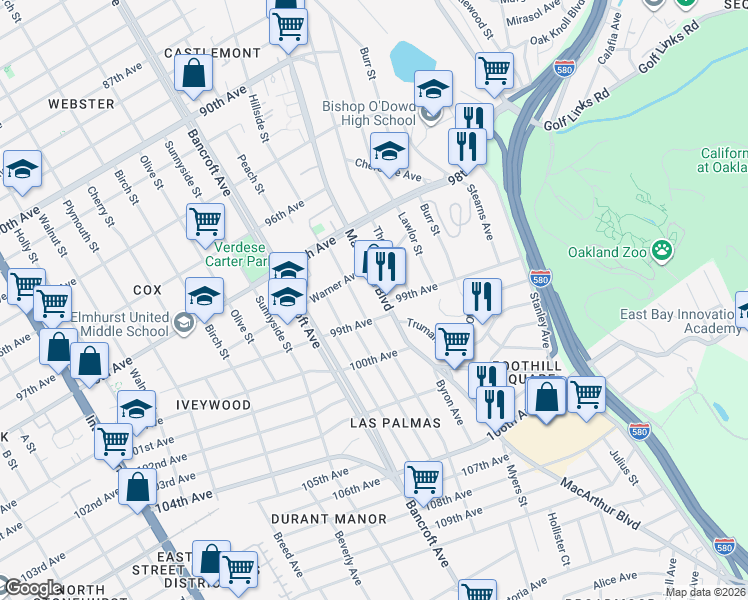map of restaurants, bars, coffee shops, grocery stores, and more near 9877 MacArthur Boulevard in Oakland