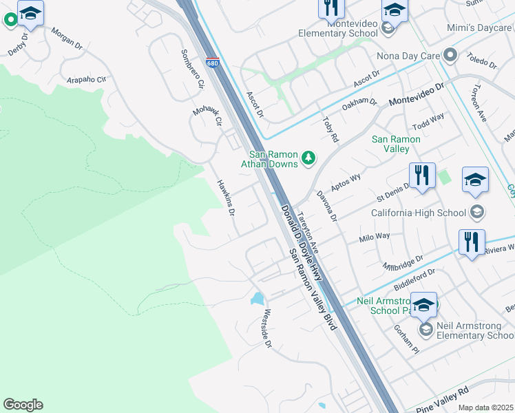 map of restaurants, bars, coffee shops, grocery stores, and more near 15 Lawton Court in San Ramon