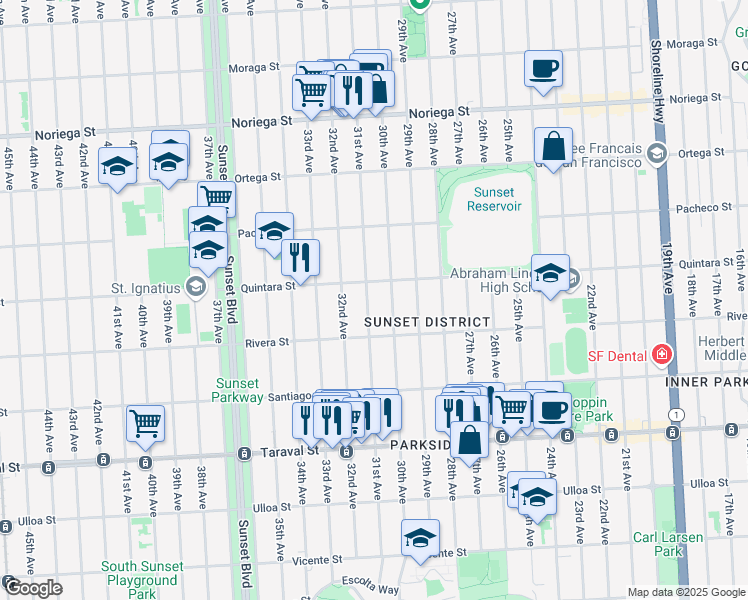 map of restaurants, bars, coffee shops, grocery stores, and more near 2130 31st Avenue in San Francisco