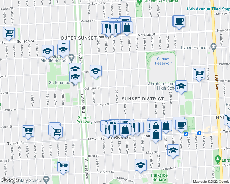 map of restaurants, bars, coffee shops, grocery stores, and more near 2125 32nd Avenue in San Francisco