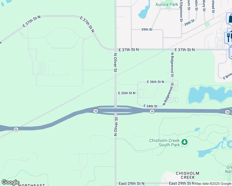 map of restaurants, bars, coffee shops, grocery stores, and more near 4433 North Oliver Street in Wichita