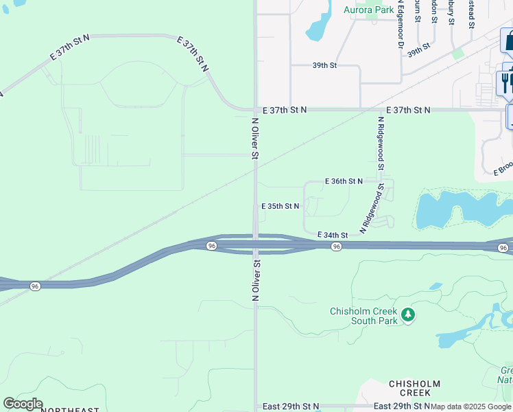 map of restaurants, bars, coffee shops, grocery stores, and more near North Oliver Avenue in Wichita