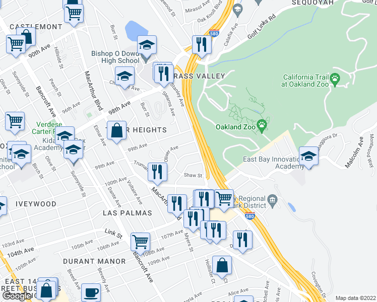 map of restaurants, bars, coffee shops, grocery stores, and more near 2807 Truman Avenue in Oakland