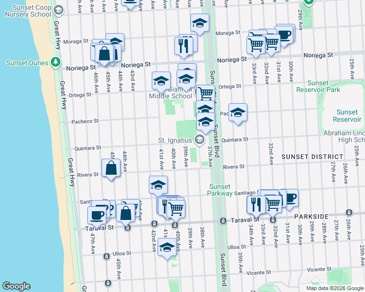 map of restaurants, bars, coffee shops, grocery stores, and more near 2107 39th Avenue in San Francisco