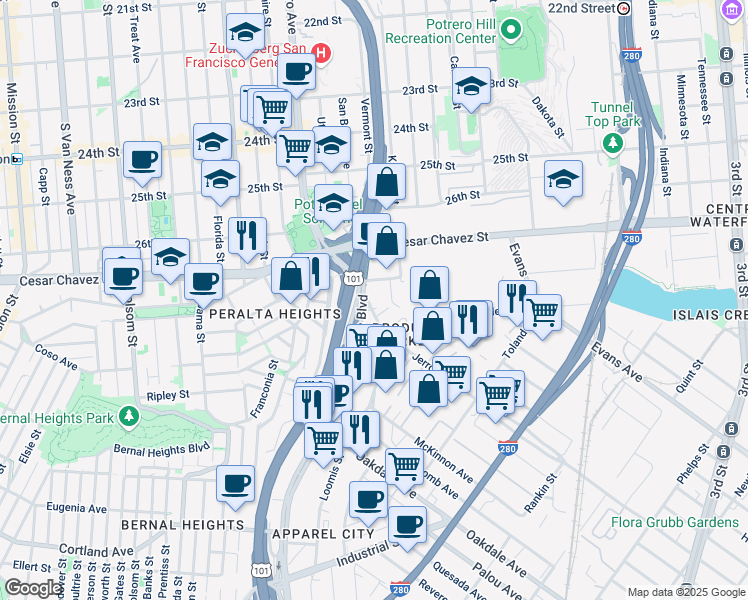 map of restaurants, bars, coffee shops, grocery stores, and more near in San Francisco