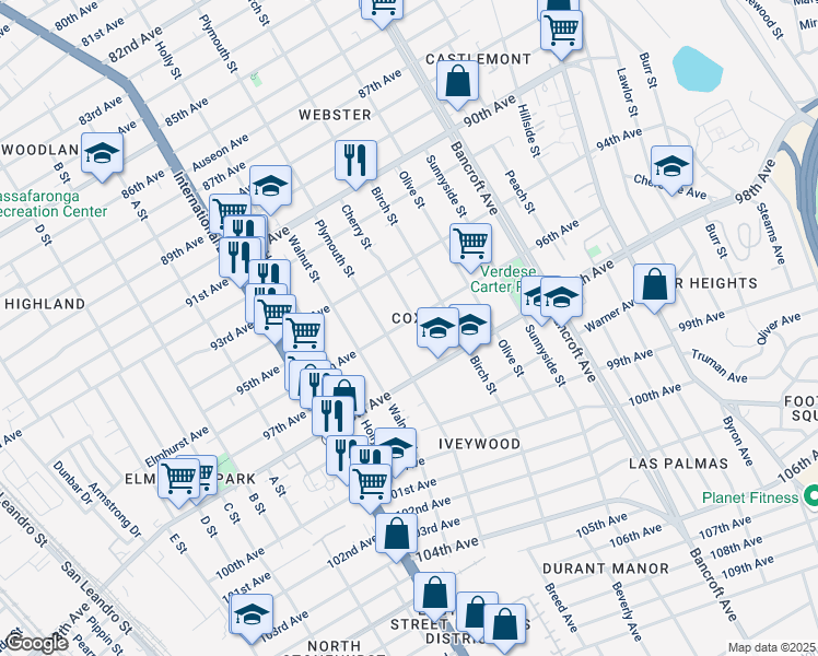 map of restaurants, bars, coffee shops, grocery stores, and more near 1736 96th Avenue in Oakland