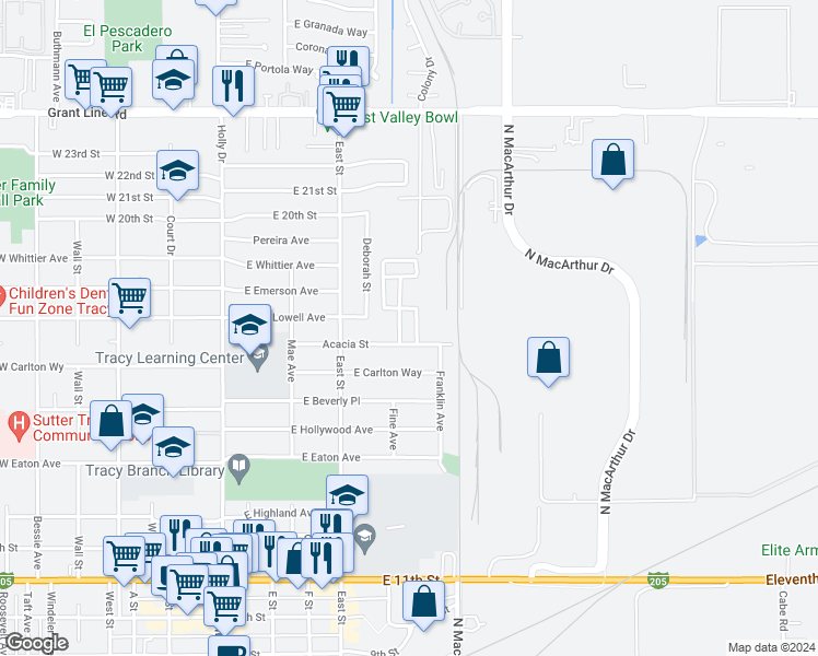 map of restaurants, bars, coffee shops, grocery stores, and more near 341 Acacia Street in Tracy