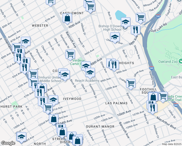 map of restaurants, bars, coffee shops, grocery stores, and more near 9860 Sunnyside Street in Oakland