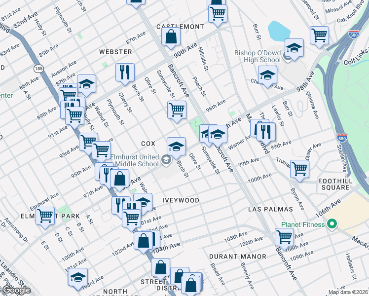 map of restaurants, bars, coffee shops, grocery stores, and more near in Oakland