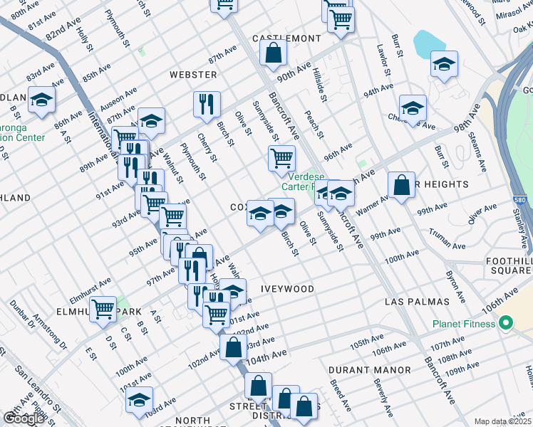 map of restaurants, bars, coffee shops, grocery stores, and more near 9637 Birch Street in Oakland
