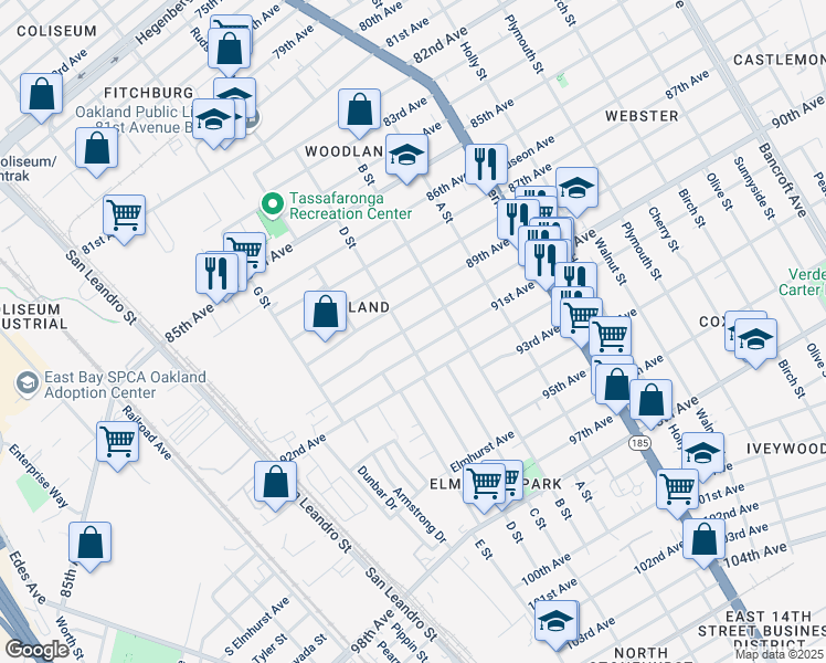 map of restaurants, bars, coffee shops, grocery stores, and more near 1110 90th Avenue in Oakland