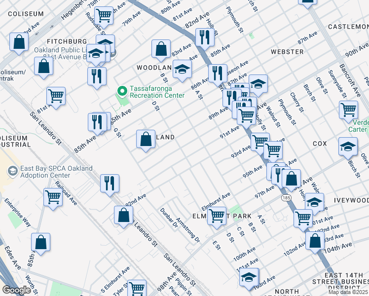 map of restaurants, bars, coffee shops, grocery stores, and more near 1110 90th Avenue in Oakland