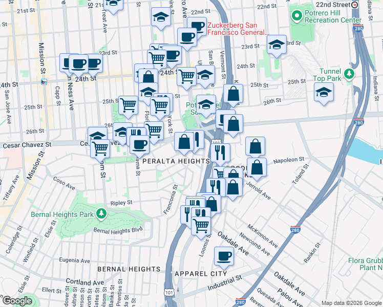 map of restaurants, bars, coffee shops, grocery stores, and more near 28 Montcalm Street in San Francisco