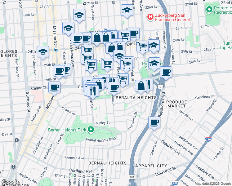map of restaurants, bars, coffee shops, grocery stores, and more near in San Francisco