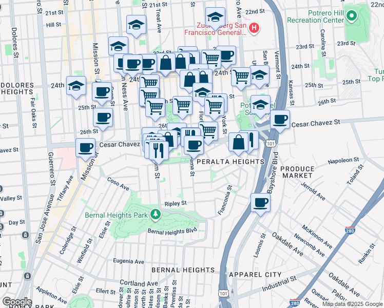 map of restaurants, bars, coffee shops, grocery stores, and more near in San Francisco