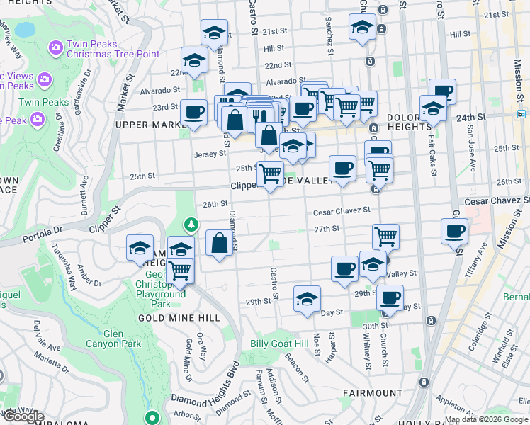 map of restaurants, bars, coffee shops, grocery stores, and more near 4220 Cesar Chavez in San Francisco