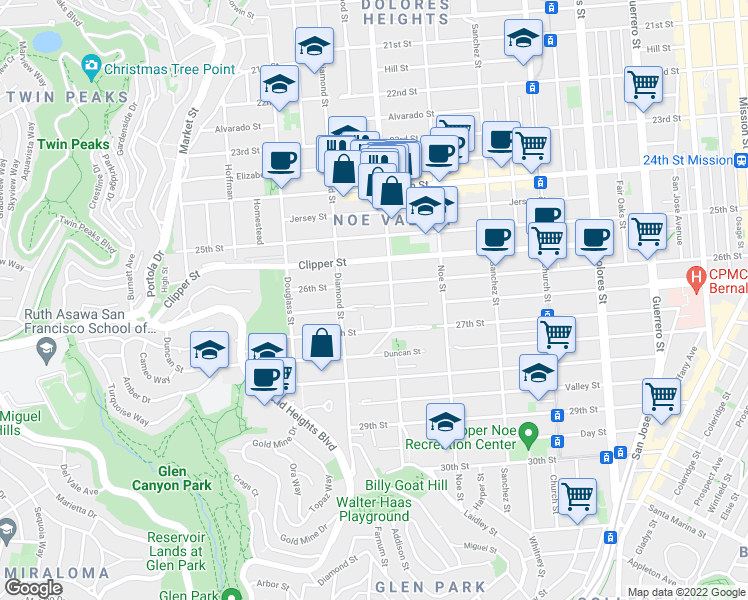 map of restaurants, bars, coffee shops, grocery stores, and more near 4220 Cesar Chavez in San Francisco